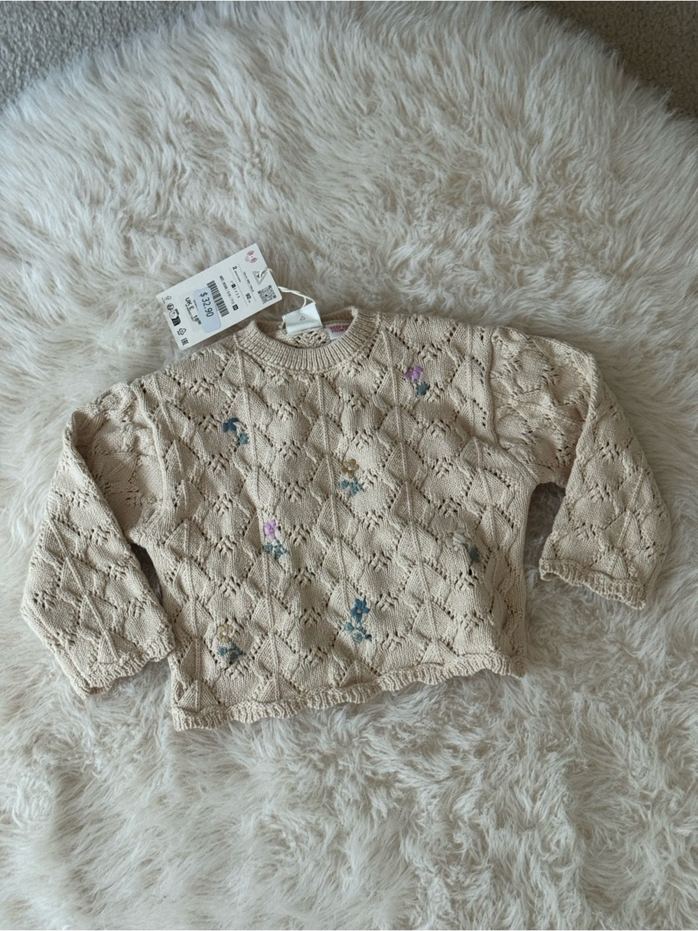 Zara Cream Openwork Knit Sweater with Multicolor Floral Embroidery